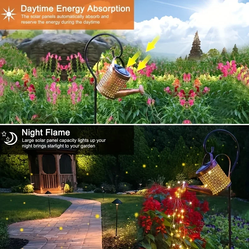 Large Retro Metal Lantern Solar Watering Can Light Outdoor Waterproof Shower Lights Hanging Star LED - Image 15