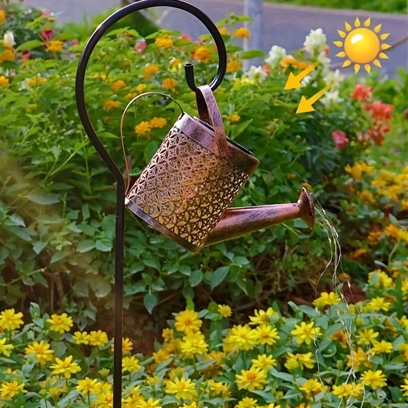 Large Retro Metal Lantern Solar Watering Can Light Outdoor Waterproof Shower Lights Hanging Star LED - Image 12