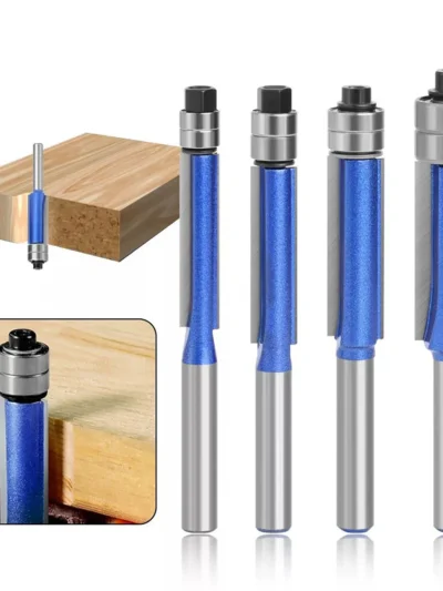 4Pcs Straight Flush Trim Router Bit 1/4" 25mm Shank Set Woodworking Template Cutter With Bearing HSS Shank Router Bits