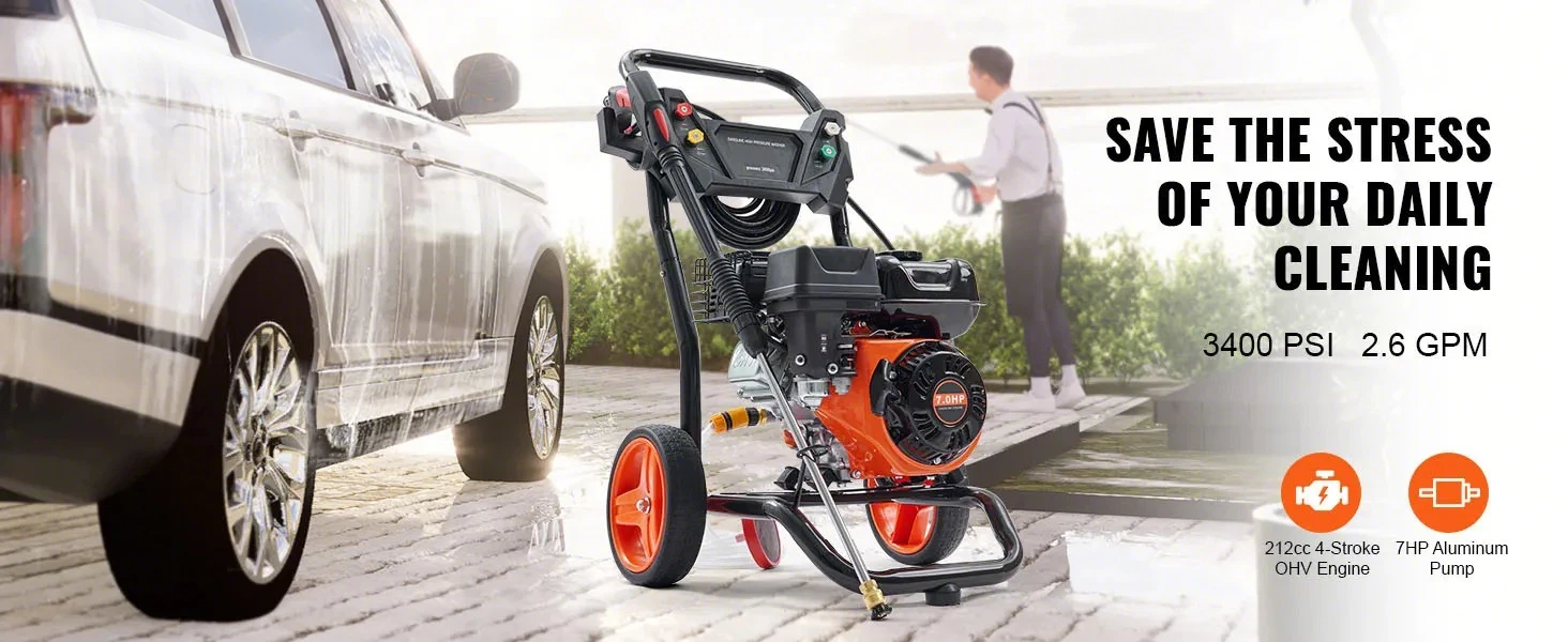 VEVOR Gas Pressure Washer, Gas Powered Pressure Washer with Aluminum Pump, 3400 PSI 2.6 GPM,Spray Gun and Extension Wand - Image 8