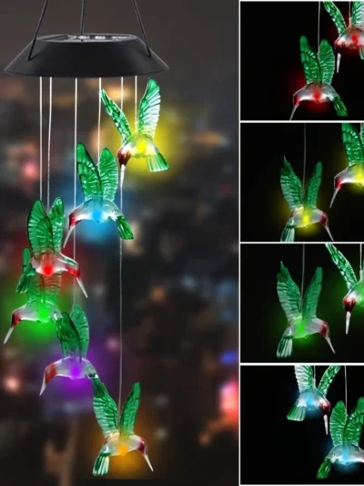 1PC Solar-Powered Hummingbird Wind Chimes - Color-Changing LED Light - Outdoor Garden Decor