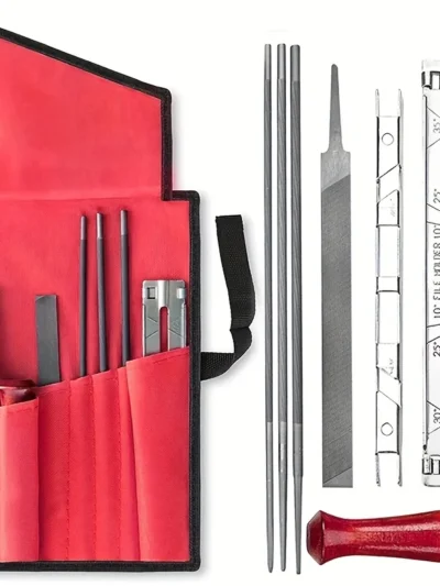 Chainsaw Sharpening Kit - 9 Piece Set with Round Files (5/32", 3/16", 7/32"), Flat File (6"), Handle, Filing Guide, and Travel P