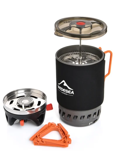 Widesea Portable Camping Coffee Maker Set French Press 0.9L Coffee Pot 1100BTU Gas Stove with Anti-scalding Cover for Outdoor Hi