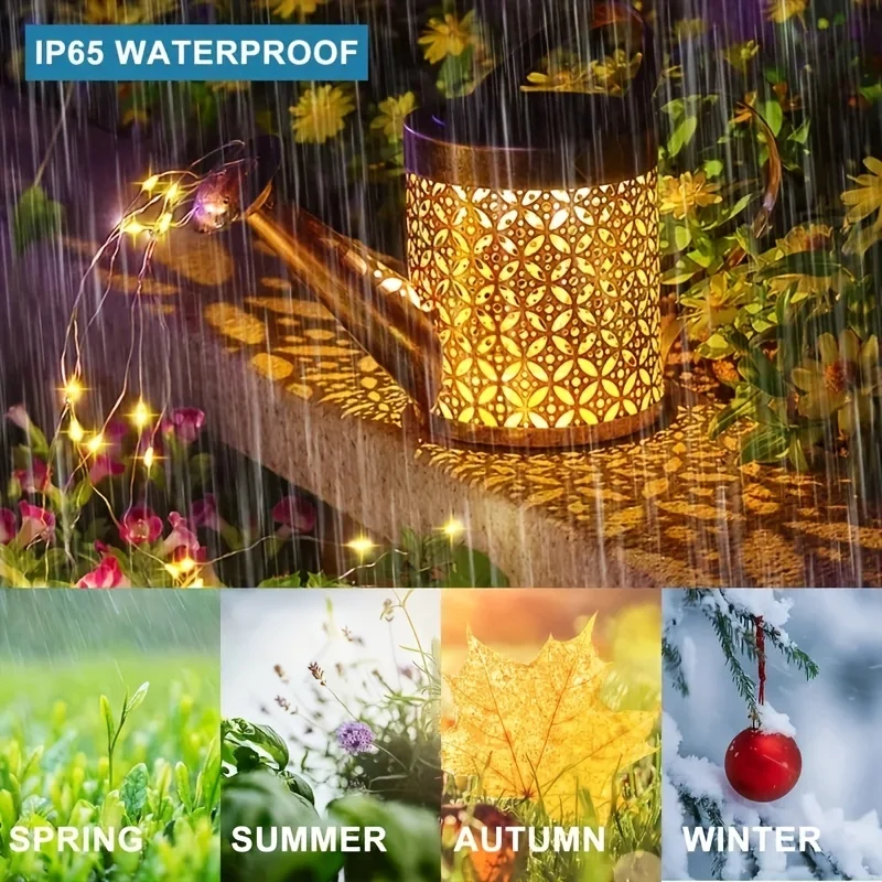 Large Retro Metal Lantern Solar Watering Can Light Outdoor Waterproof Shower Lights Hanging Star LED - Image 16