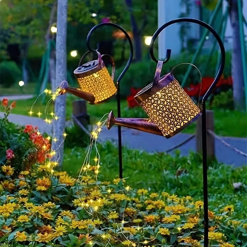Large Retro Metal Lantern Solar Watering Can Light Outdoor Waterproof Shower Lights Hanging Star LED - Image 2