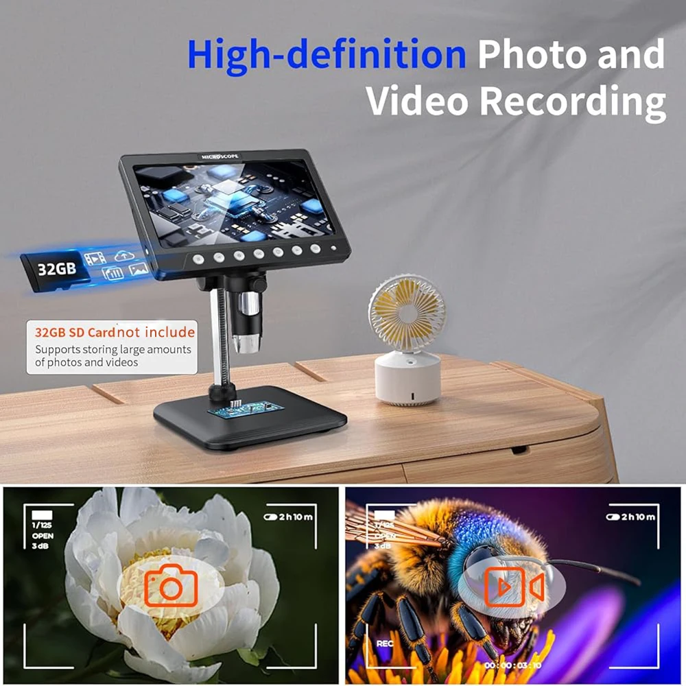 7 Inch IPS Digital Coin Microscope 5MP 50X-1200X Magnifier with Stand Soldering Video Microscope for Electronics Repair 8 LEDS - Image 3