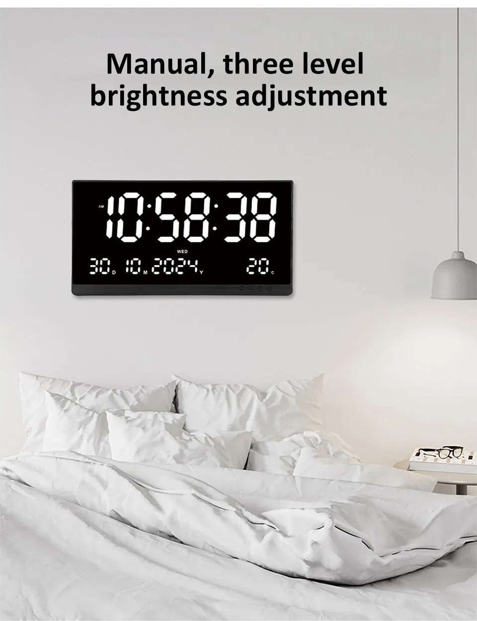 21 Inch Large Digital Wall Clock USB Powered Time Calendar 12/24H Time/Day/Month/Year/Temp Display Electronic LED Alarm Clock - Image 13