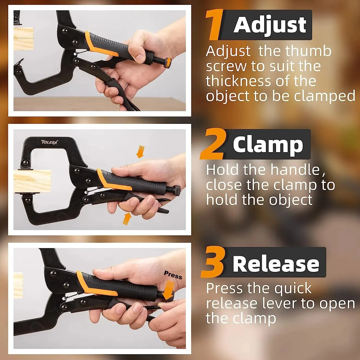 TOLESA 6" C Clamp 3PCS Metal Face Clamp Locking Plier with Flat Swivel Pads for Woodworking Pocket Hole Joinery Cabinet Carpentr - Image 6