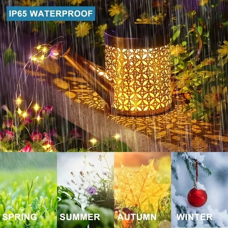 Large Retro Metal Lantern Solar Watering Can Light Outdoor Waterproof Shower Lights Hanging Star LED - Image 4