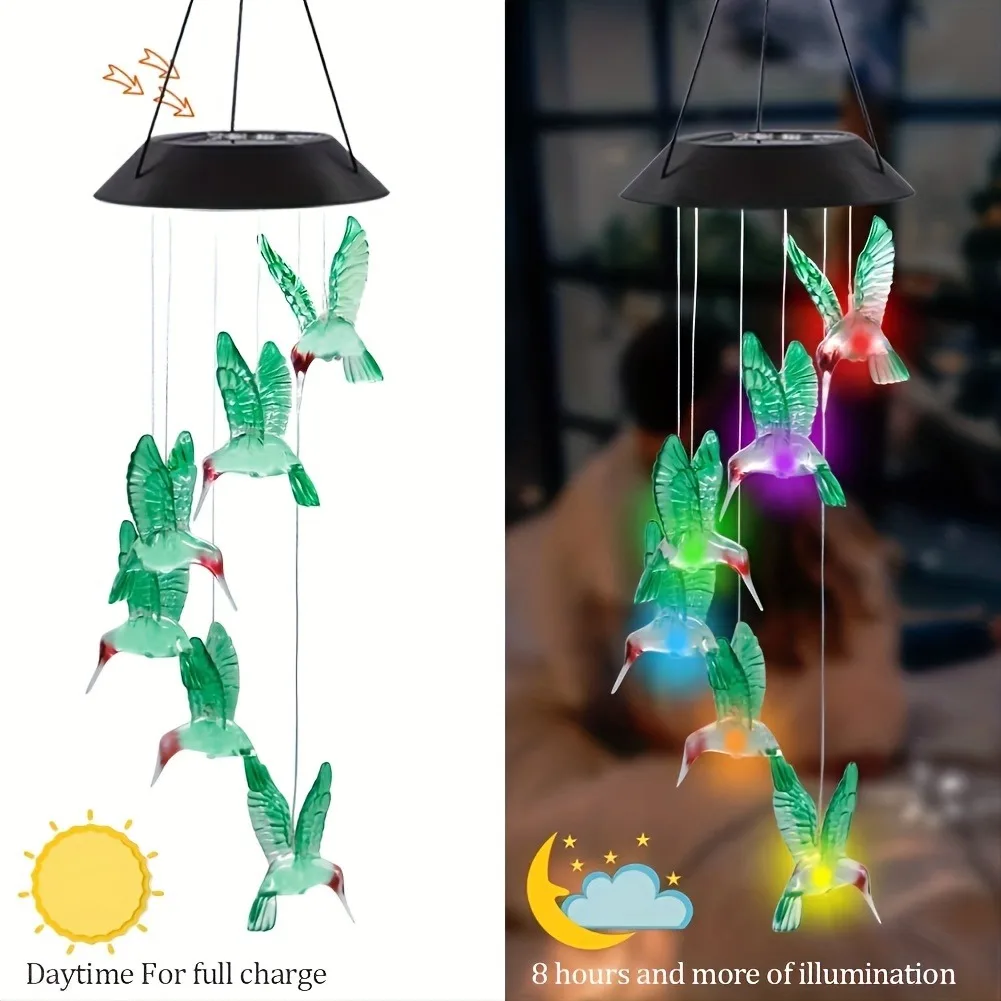 1PC Solar-Powered Hummingbird Wind Chimes - Color-Changing LED Light - Outdoor Garden Decor - Image 8