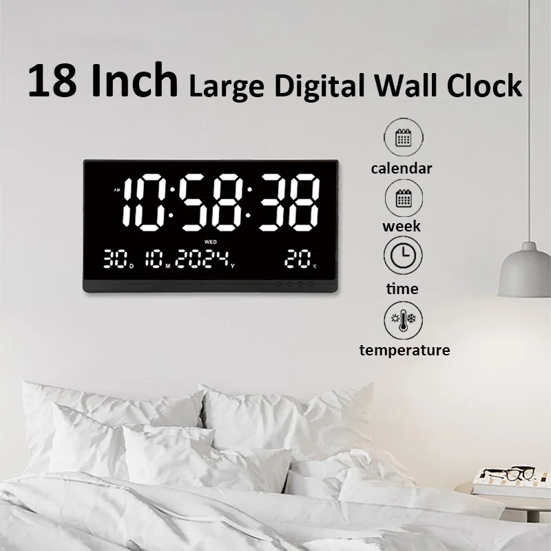21 Inch Large Digital Wall Clock USB Powered Time Calendar 12/24H Time/Day/Month/Year/Temp Display Electronic LED Alarm Clock - Image 2
