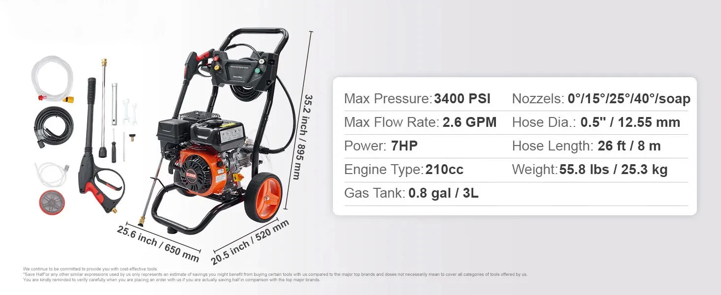VEVOR Gas Pressure Washer, Gas Powered Pressure Washer with Aluminum Pump, 3400 PSI 2.6 GPM,Spray Gun and Extension Wand - Image 13