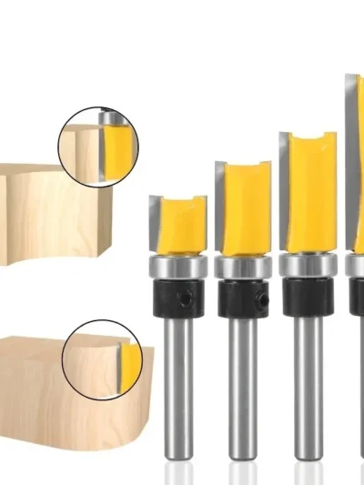 4pcs,1/4-Inch Shank Bearing Guided Pattern Router Bit - Woodworking Edge Trimming Tool with Double-Edged Straight Cutter