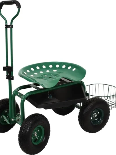 Sunnydaze Garden Cart with Wheels Garden Stool on Wheels - Rolling Gardening Seat with Extendable Handle Swivel Seat Green