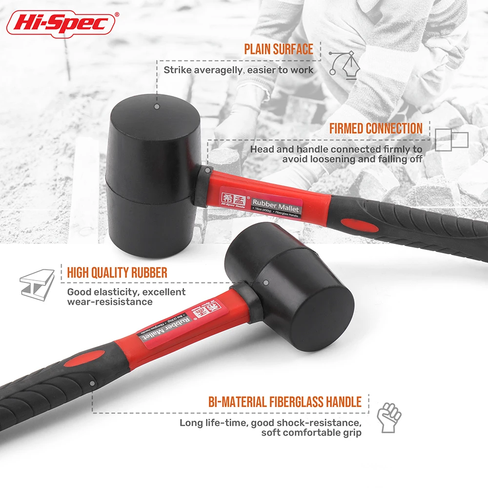 Hi-Spec Double Face Rubber Hammer, Heavy Duty Mallet with Insulated Hand Tool & Anti-Slip Grip for Installation/DIY (8/16/24 Oz) - Image 2