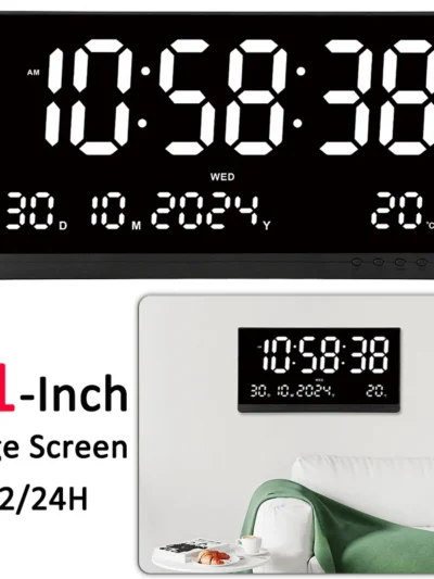 21 Inch Large Digital Wall Clock USB Powered Time Calendar 12/24H Time/Day/Month/Year/Temp Display Electronic LED Alarm Clock