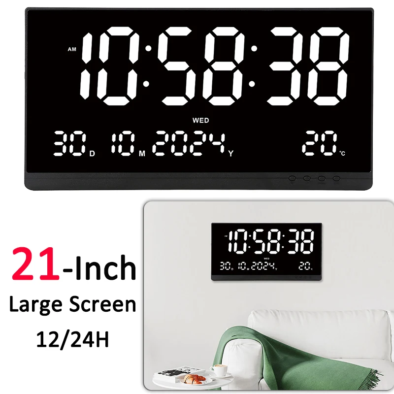21 Inch Large Digital Wall Clock USB Powered Time Calendar 12/24H Time/Day/Month/Year/Temp Display Electronic LED Alarm Clock